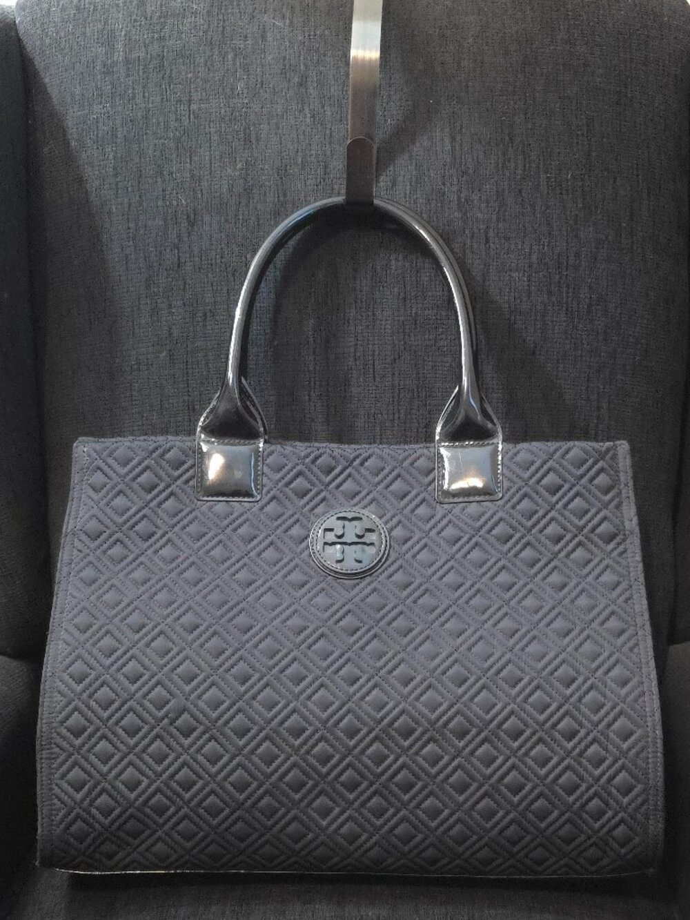 Tory Burch Ella Large Black Quilted Fabric & Patent Leather Handles Tote Bag